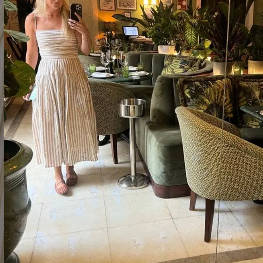 Toccin Brown Stripe Fit and Flare Midi Dress Size 12 Cotton Ruched Designer $475 - Picture 10 of 11
